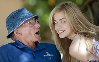 Lovely legal age teenager sucks grandpa into public notice and this babe swallows it all